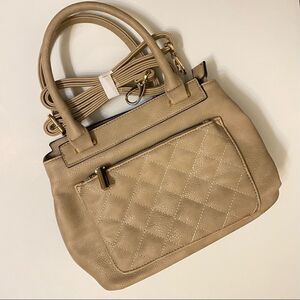 Tan beige quilted faux leather tote shoulder crossbody bag purse 7.5x10.5x4.5